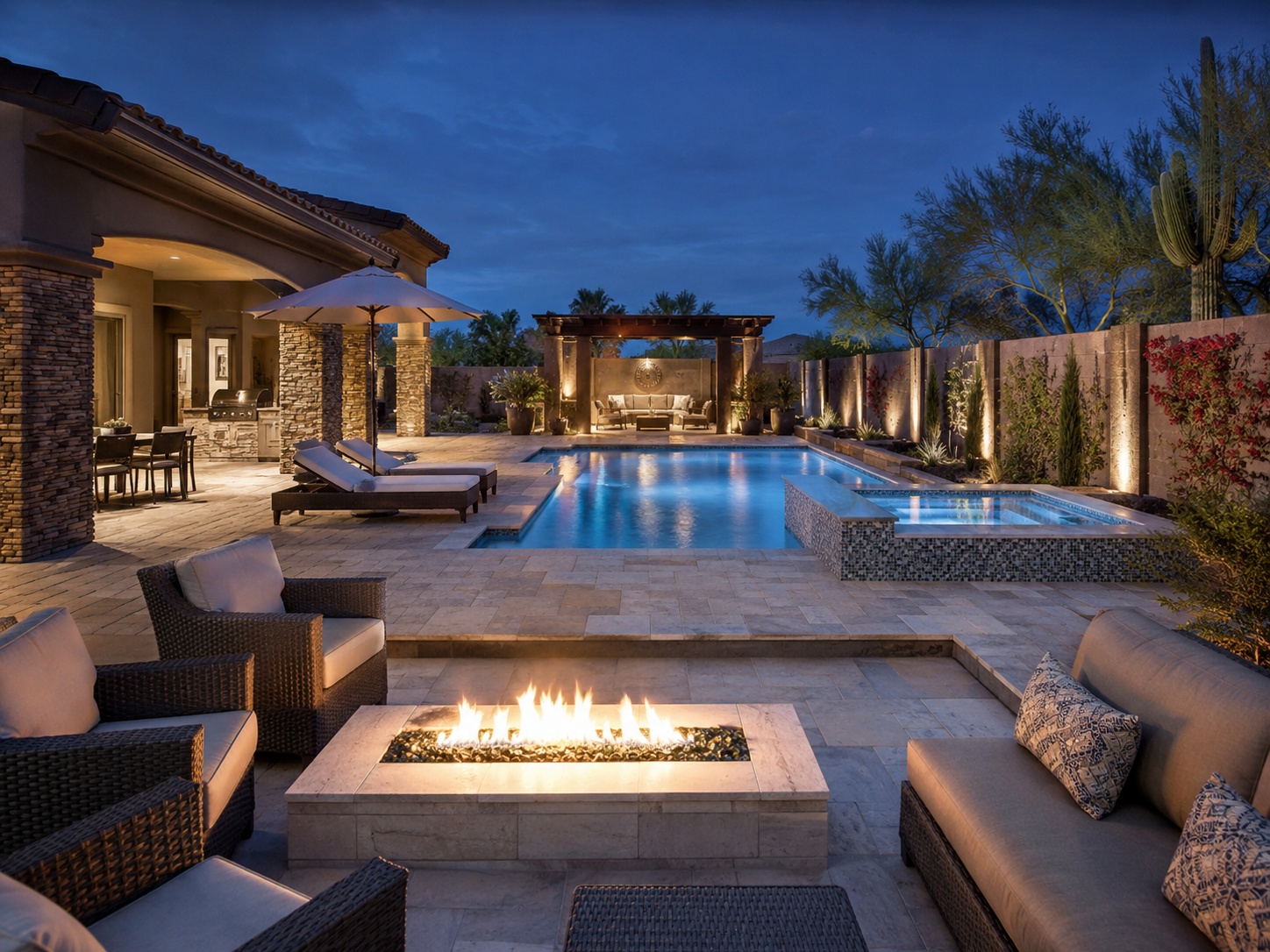 Luxury backyard fire feature and pool design